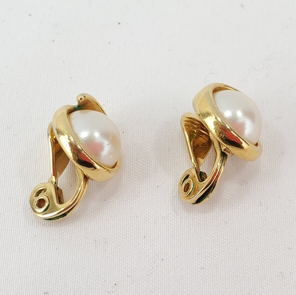 Vintage Gold Tone Faux Pearl Monet Clip Earrings